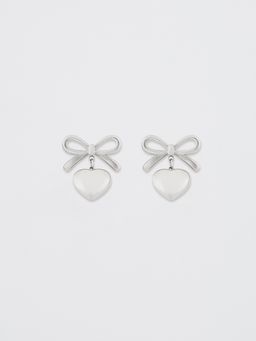 Pomelo - Bow Stud and Heart Pendant Earrings - Silver