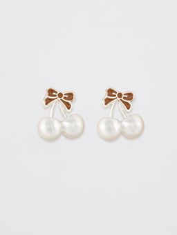 Pomelo - Bow Pearl Stud Earrings - Metallic Silver