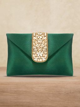 Peora - Green Gold-Toned Embellished Buckle Detail Purse Clutch -C61GRN