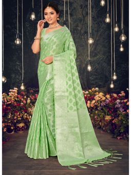Sangam Prints - Light Green Woven Work Traditional Tassels Saree with Unstitched Blouse