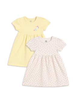 MINI KLUB - Yellow And Off-White Cotton Printed Dresses (Pack of 2)