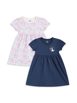 MINI KLUB - Off-White And Navy Blue Cotton Floral Printed Dresses (Pack of 2)