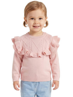 MINI KLUB - Pink Cable Knit Ruffle Full Sleeve Sweater
