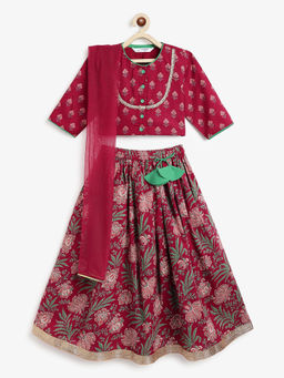 Campana - Girls Koel Block Printed Lehenga And Choli With Dupatta - Maroon