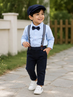 Bumzee - Sky Blue And Navy Blue Full Sleeves Shirt-Pant With Suspender And Cap