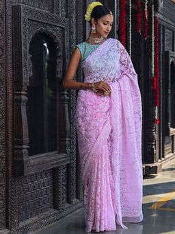 Beatitude - Baby Pink Hand Embroidered Chikankari Saree with Unstitched Blouse