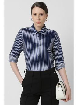 Van Heusen - Women Navy Blue Stripes Full Sleeves Shirt