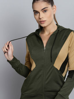 Alcis - Women Olive Green Mustard Colourblocked Sporty Jacket