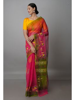 Unnati Silks - Pink Pure Block Printed Kota Cotton Saree with Unstitched Blouse