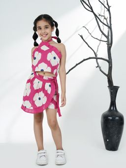 AJ Dezines - Pink Cotton Sleeveless Floral Print Top & Skort