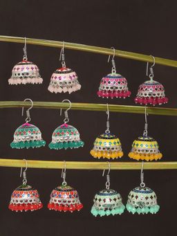 OOMPH - Oxidised Silver Tone Multicolor Meenakari Ethnic Jhumka Earrings (Combo of 6)