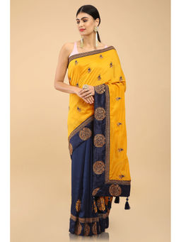 Soch - Mustard Tussar Embroidered Saree with Unstitched