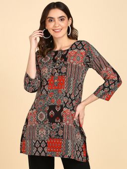 VEDANA - Pure Black Cotton Patch Printed Top