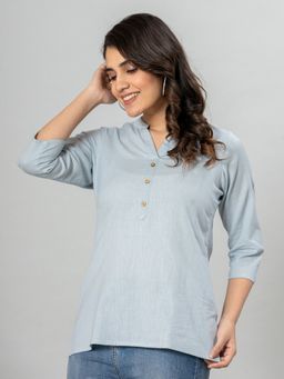 VEDANA - Cotton Blue Flex Solid Color Collared Top