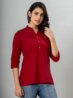 VEDANA - Cotton Maroon Flex Solid Color Collared Top