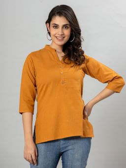 VEDANA - Cotton Mustard Flex Solid Color Collared Top