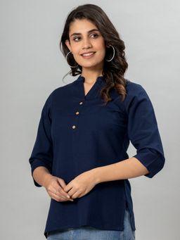 VEDANA - Cotton Navy Blue Flex Solid Color Collared Top