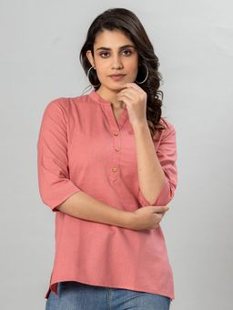 VEDANA - Cotton Peach Flex Solid Color Collared Top