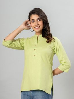 VEDANA - Cotton Green Flex Solid Color Collared Top