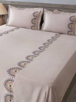 House of Owlet - Soft Grey 100%Cotton Embroidered Super King Bedsheet With 2 Pillow Covers