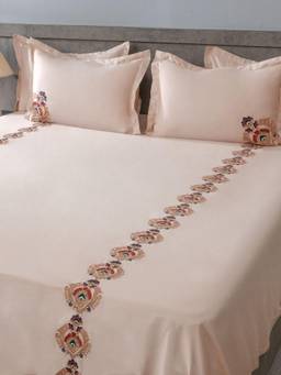 House of Owlet - Classic Sand 100%Cotton Embroidered Super King Bedsheet With 2 Pillow Covers