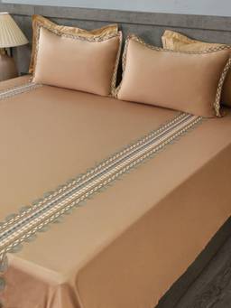 House of Owlet - Taupe Mist 100%Cotton Embroidered Super King Bedsheet With 2 Pillow Covers