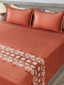 House of Owlet - Rust Clay 100%Cotton Embroidered Super King Bedsheet With 2 Pillow Covers