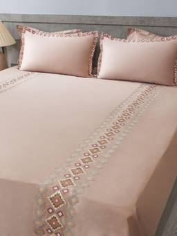 House of Owlet - Soft Smoke 100%Cotton Embroidered Super King Bedsheet With 2 Pillow Covers