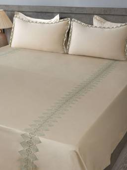 House of Owlet - Soft Pearl 100%Cotton Embroidered Super King Bedsheet With 2 Pillow Covers