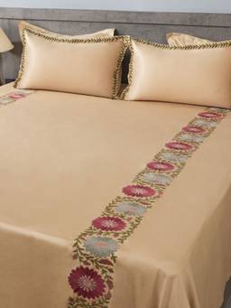 House of Owlet - Cashmere Beige 100%Cotton Embroidered Super King Bedsheet With 2 Pillow Covers