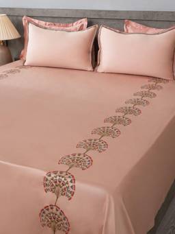 House of Owlet - Champagne Rose 100%Cotton Embroidered Super King Bedsheet With 2 Pillow Covers