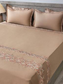 House of Owlet - Warm Cocoa 100%Cotton Embroidered Super King Bedsheet With 2 Pillow Covers