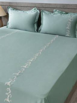 House of Owlet - Pastel Aqua 100%Cotton Embroidered Super King Bedsheet With 2 Pillow Covers