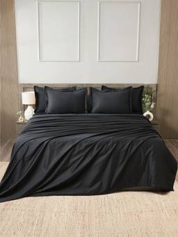 House of Owlet - Black Solids 400TC 100% Cotton Flat Super King Bedsheet with 2 Pillow Covers