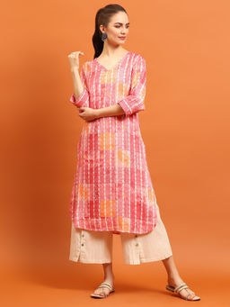 INDIESSENCE - Women Liva Rayon Pink Print Kurta