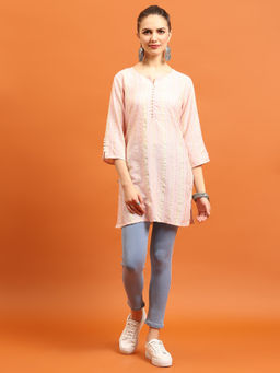 INDIESSENCE - Women Cotton Pink Yarn Dyed Kurti