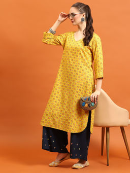 INDIESSENCE - Women Liva Rayon Yellow Geometric Print Kurta