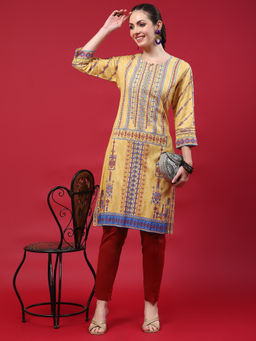INDIESSENCE - Women Liva Rayon Yellow Geometric Print Kurta