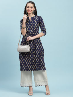 INDIESSENCE - Women Cotton Navy Blue Print Kurta