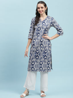 INDIESSENCE - Women Cotton Blue Ikat Print Kurta