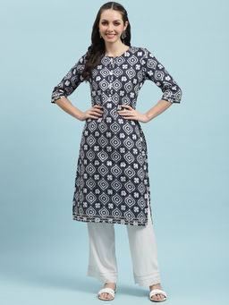 INDIESSENCE - Women Cotton Navy Blue Print Kurta