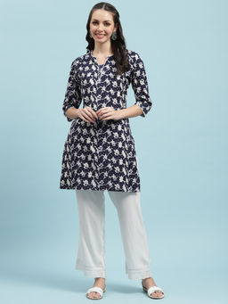 INDIESSENCE - Women Cotton Navy Blue Print Kurta