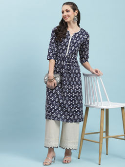 INDIESSENCE - Women Cotton Navy Blue Ikat Print Kurta