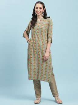 INDIESSENCE - Women Liva Rayon Green Floral Print Kurta