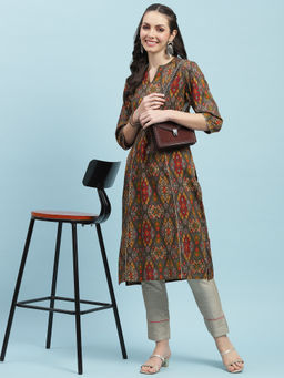 INDIESSENCE - Women Liva Rayon Grey Aztec Print Kurta