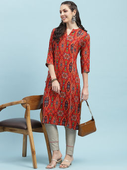 INDIESSENCE - Women Liva Rayon Red Aztec Print Kurta