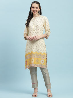INDIESSENCE - Women Liva Rayon Yellow Ornamental Print Kurta