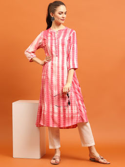INDIESSENCE - Women Liva Rayon Pink Tie Dye Print Kurta