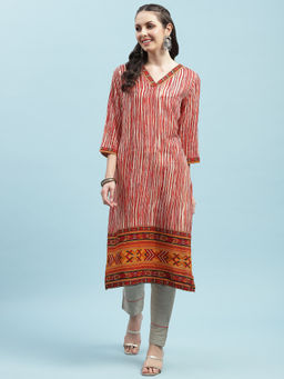 INDIESSENCE - Women Liva Rayon Red Stripe Print Kurta