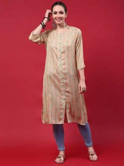 INDIESSENCE - Women Liva Rayon Beige Stripe Print Kurta